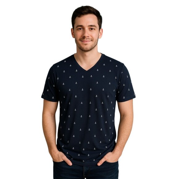 Men's Anchor T Tee Shirt Denim & Flower Ricky Singh Navy Blue White Small MAN'S - Picture 1 of 9
